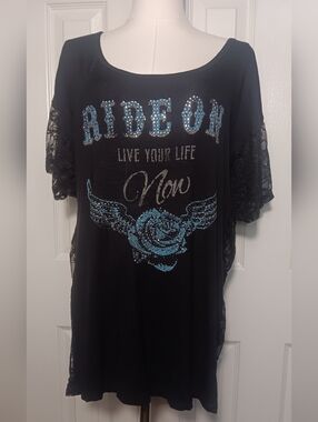 Liberty Wear Black Lace-Sleeve 'Ride On' Graphic Scoop Neck Tee W/ Embellishment